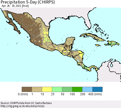 Mexico Central America and the Caribbean Precipitation 5-Day (CHIRPS) Thematic Map For 4/26/2021 - 4/30/2021