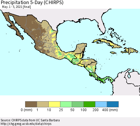 Mexico Central America and the Caribbean Precipitation 5-Day (CHIRPS) Thematic Map For 5/1/2021 - 5/5/2021