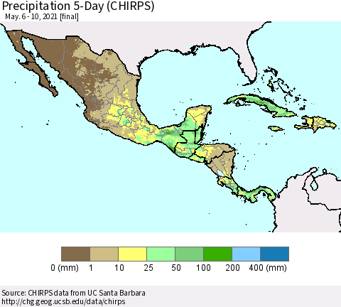 Mexico Central America and the Caribbean Precipitation 5-Day (CHIRPS) Thematic Map For 5/6/2021 - 5/10/2021