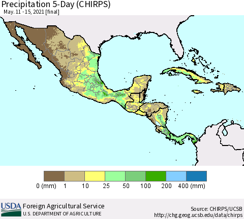 Mexico Central America and the Caribbean Precipitation 5-Day (CHIRPS) Thematic Map For 5/11/2021 - 5/15/2021
