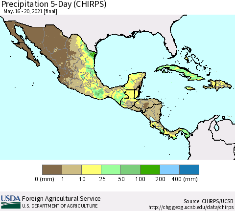 Mexico Central America and the Caribbean Precipitation 5-Day (CHIRPS) Thematic Map For 5/16/2021 - 5/20/2021