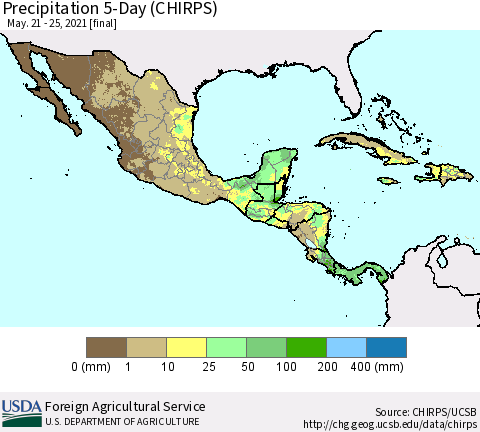 Mexico Central America and the Caribbean Precipitation 5-Day (CHIRPS) Thematic Map For 5/21/2021 - 5/25/2021