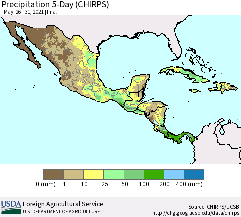 Mexico Central America and the Caribbean Precipitation 5-Day (CHIRPS) Thematic Map For 5/26/2021 - 5/31/2021