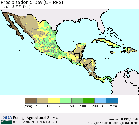 Mexico Central America and the Caribbean Precipitation 5-Day (CHIRPS) Thematic Map For 6/1/2021 - 6/5/2021