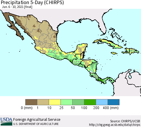 Mexico Central America and the Caribbean Precipitation 5-Day (CHIRPS) Thematic Map For 6/6/2021 - 6/10/2021