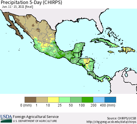 Mexico Central America and the Caribbean Precipitation 5-Day (CHIRPS) Thematic Map For 6/11/2021 - 6/15/2021
