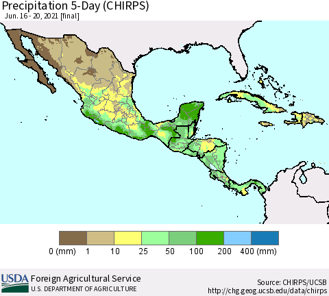 Mexico Central America and the Caribbean Precipitation 5-Day (CHIRPS) Thematic Map For 6/16/2021 - 6/20/2021