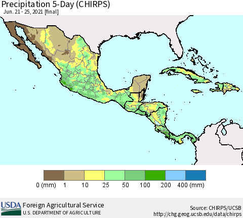 Mexico Central America and the Caribbean Precipitation 5-Day (CHIRPS) Thematic Map For 6/21/2021 - 6/25/2021