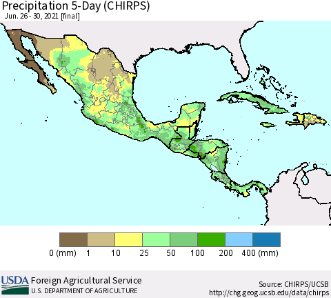 Mexico Central America and the Caribbean Precipitation 5-Day (CHIRPS) Thematic Map For 6/26/2021 - 6/30/2021