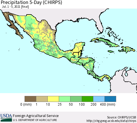 Mexico Central America and the Caribbean Precipitation 5-Day (CHIRPS) Thematic Map For 7/1/2021 - 7/5/2021