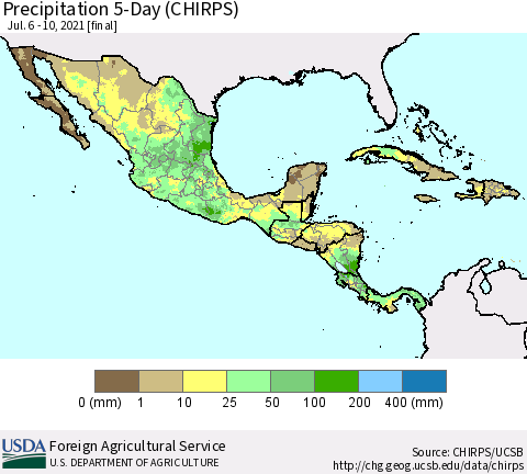 Mexico Central America and the Caribbean Precipitation 5-Day (CHIRPS) Thematic Map For 7/6/2021 - 7/10/2021