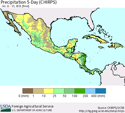 Mexico Central America and the Caribbean Precipitation 5-Day (CHIRPS) Thematic Map For 7/11/2021 - 7/15/2021