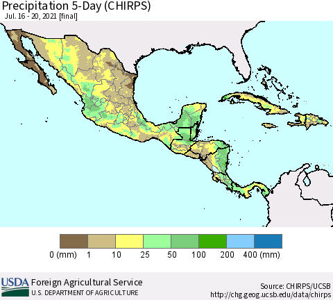 Mexico Central America and the Caribbean Precipitation 5-Day (CHIRPS) Thematic Map For 7/16/2021 - 7/20/2021