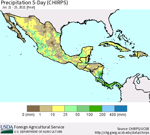 Mexico Central America and the Caribbean Precipitation 5-Day (CHIRPS) Thematic Map For 7/21/2021 - 7/25/2021