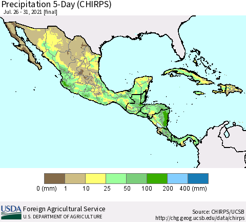 Mexico Central America and the Caribbean Precipitation 5-Day (CHIRPS) Thematic Map For 7/26/2021 - 7/31/2021