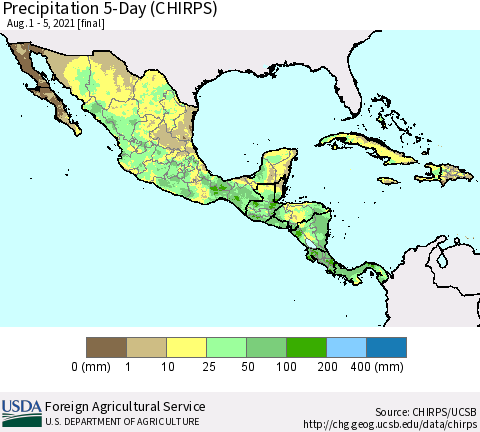 Mexico Central America and the Caribbean Precipitation 5-Day (CHIRPS) Thematic Map For 8/1/2021 - 8/5/2021