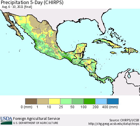 Mexico Central America and the Caribbean Precipitation 5-Day (CHIRPS) Thematic Map For 8/6/2021 - 8/10/2021