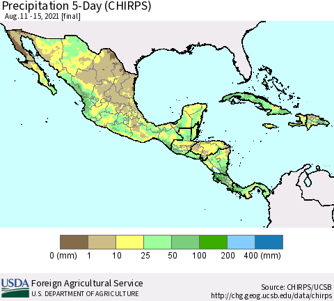 Mexico Central America and the Caribbean Precipitation 5-Day (CHIRPS) Thematic Map For 8/11/2021 - 8/15/2021