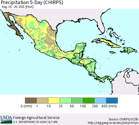 Mexico Central America and the Caribbean Precipitation 5-Day (CHIRPS) Thematic Map For 8/16/2021 - 8/20/2021