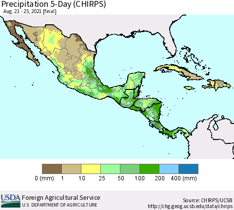 Mexico Central America and the Caribbean Precipitation 5-Day (CHIRPS) Thematic Map For 8/21/2021 - 8/25/2021
