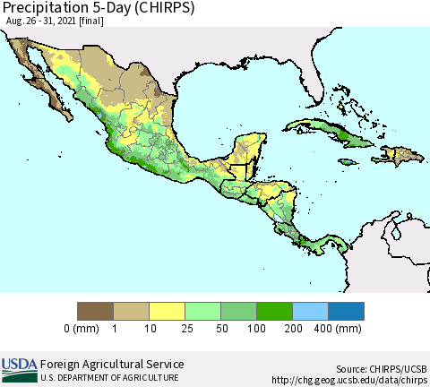 Mexico Central America and the Caribbean Precipitation 5-Day (CHIRPS) Thematic Map For 8/26/2021 - 8/31/2021