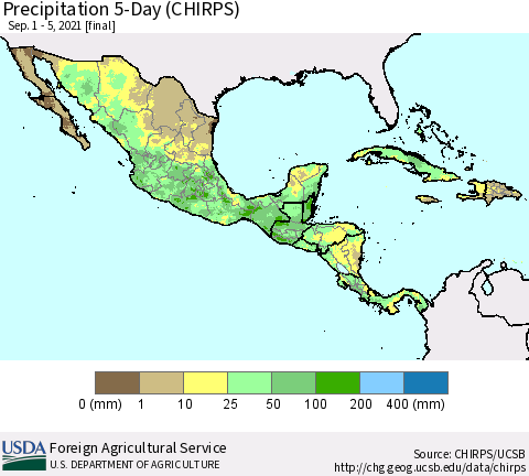 Mexico Central America and the Caribbean Precipitation 5-Day (CHIRPS) Thematic Map For 9/1/2021 - 9/5/2021