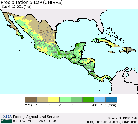 Mexico Central America and the Caribbean Precipitation 5-Day (CHIRPS) Thematic Map For 9/6/2021 - 9/10/2021
