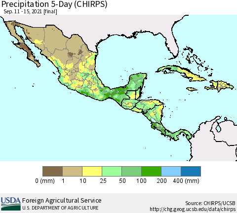 Mexico Central America and the Caribbean Precipitation 5-Day (CHIRPS) Thematic Map For 9/11/2021 - 9/15/2021