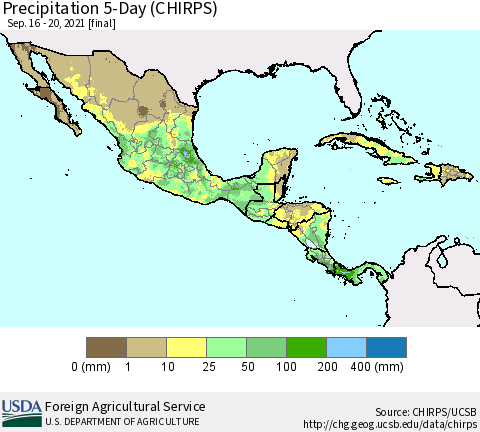 Mexico Central America and the Caribbean Precipitation 5-Day (CHIRPS) Thematic Map For 9/16/2021 - 9/20/2021