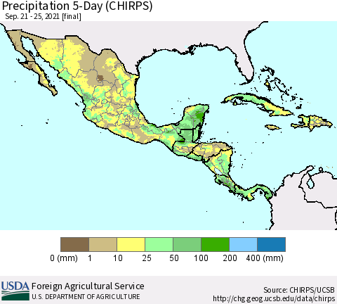 Mexico Central America and the Caribbean Precipitation 5-Day (CHIRPS) Thematic Map For 9/21/2021 - 9/25/2021