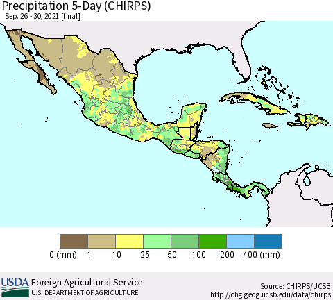 Mexico Central America and the Caribbean Precipitation 5-Day (CHIRPS) Thematic Map For 9/26/2021 - 9/30/2021