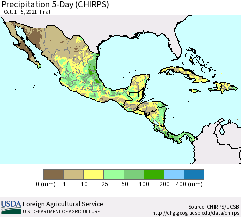 Mexico Central America and the Caribbean Precipitation 5-Day (CHIRPS) Thematic Map For 10/1/2021 - 10/5/2021