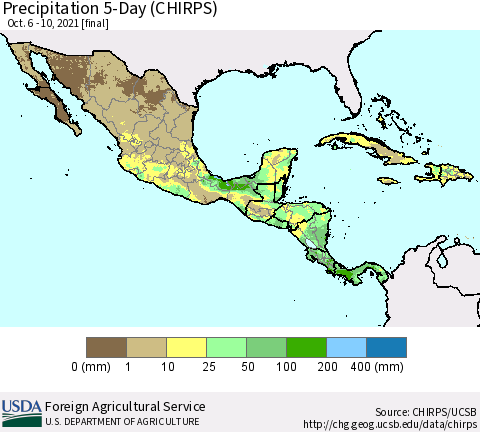 Mexico Central America and the Caribbean Precipitation 5-Day (CHIRPS) Thematic Map For 10/6/2021 - 10/10/2021