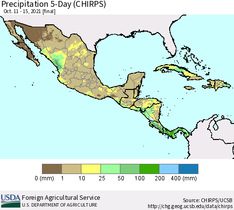 Mexico Central America and the Caribbean Precipitation 5-Day (CHIRPS) Thematic Map For 10/11/2021 - 10/15/2021