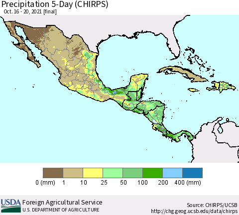 Mexico Central America and the Caribbean Precipitation 5-Day (CHIRPS) Thematic Map For 10/16/2021 - 10/20/2021