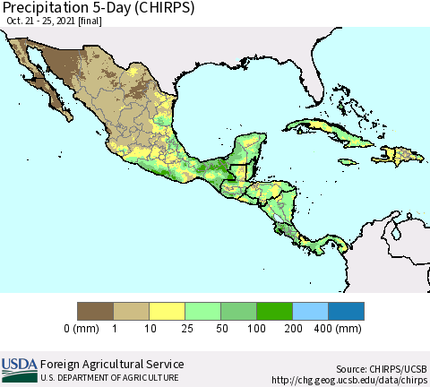 Mexico Central America and the Caribbean Precipitation 5-Day (CHIRPS) Thematic Map For 10/21/2021 - 10/25/2021