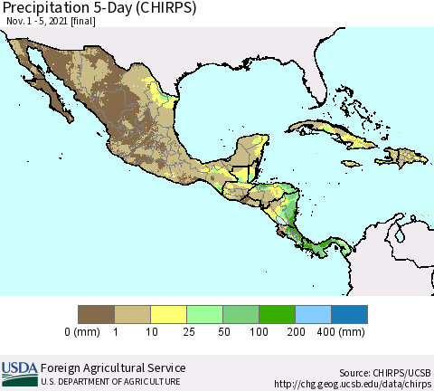 Mexico Central America and the Caribbean Precipitation 5-Day (CHIRPS) Thematic Map For 11/1/2021 - 11/5/2021