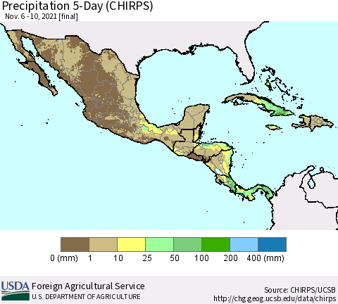 Mexico Central America and the Caribbean Precipitation 5-Day (CHIRPS) Thematic Map For 11/6/2021 - 11/10/2021