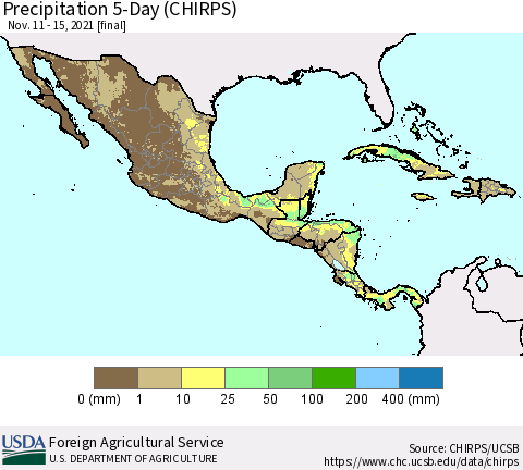 Mexico Central America and the Caribbean Precipitation 5-Day (CHIRPS) Thematic Map For 11/11/2021 - 11/15/2021