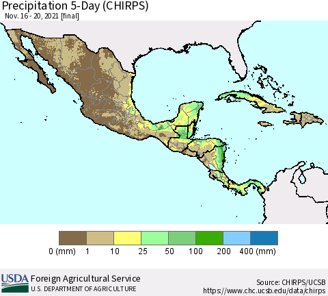 Mexico Central America and the Caribbean Precipitation 5-Day (CHIRPS) Thematic Map For 11/16/2021 - 11/20/2021