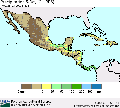 Mexico Central America and the Caribbean Precipitation 5-Day (CHIRPS) Thematic Map For 11/21/2021 - 11/25/2021