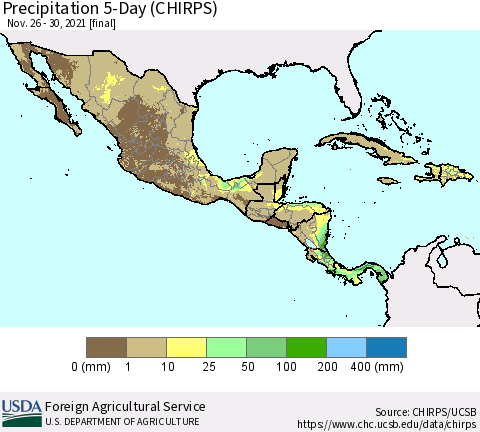 Mexico Central America and the Caribbean Precipitation 5-Day (CHIRPS) Thematic Map For 11/26/2021 - 11/30/2021
