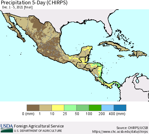 Mexico Central America and the Caribbean Precipitation 5-Day (CHIRPS) Thematic Map For 12/1/2021 - 12/5/2021