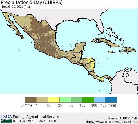 Mexico Central America and the Caribbean Precipitation 5-Day (CHIRPS) Thematic Map For 12/6/2021 - 12/10/2021