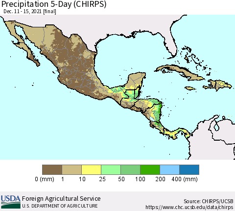 Mexico Central America and the Caribbean Precipitation 5-Day (CHIRPS) Thematic Map For 12/11/2021 - 12/15/2021