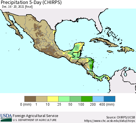 Mexico Central America and the Caribbean Precipitation 5-Day (CHIRPS) Thematic Map For 12/16/2021 - 12/20/2021