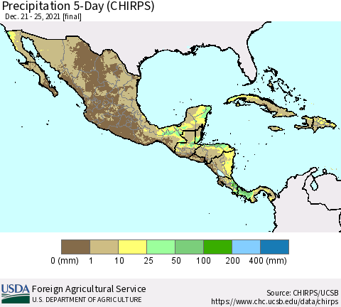 Mexico Central America and the Caribbean Precipitation 5-Day (CHIRPS) Thematic Map For 12/21/2021 - 12/25/2021