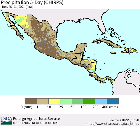 Mexico Central America and the Caribbean Precipitation 5-Day (CHIRPS) Thematic Map For 12/26/2021 - 12/31/2021