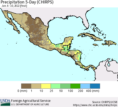 Mexico Central America and the Caribbean Precipitation 5-Day (CHIRPS) Thematic Map For 1/6/2022 - 1/10/2022