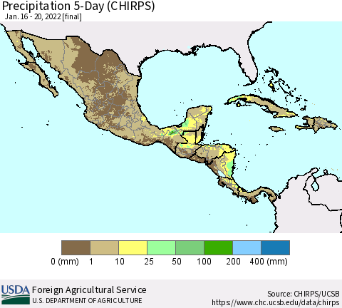 Mexico Central America and the Caribbean Precipitation 5-Day (CHIRPS) Thematic Map For 1/16/2022 - 1/20/2022